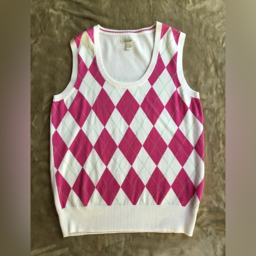Lady Hagen Pink and White Argyle Sleeveless Sweater Vest